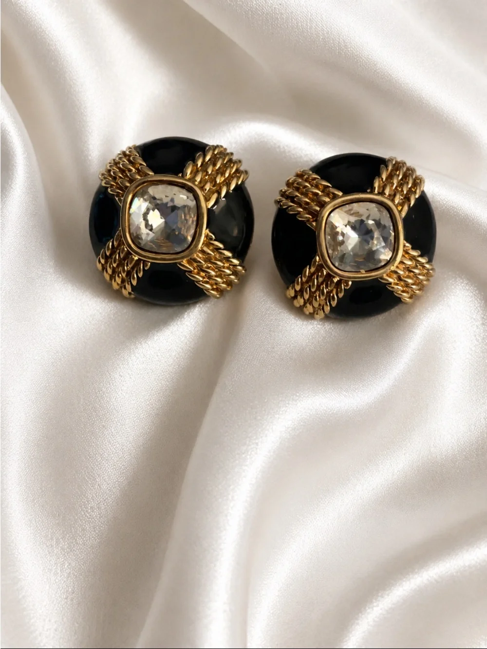 Gold-Tone Black Button Clip-on Earrings with Clear Crystal Accent